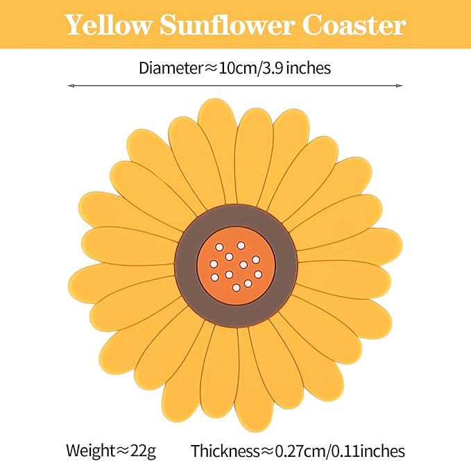 Flower Coasters Set of 6,Anti-Slip Heat-Insulating&Tabletop Protection,Home&Kitchen Coasters for Drinks,Easy to Clean,Beautiful Gift(Yellow Sunflower,3.9inches)