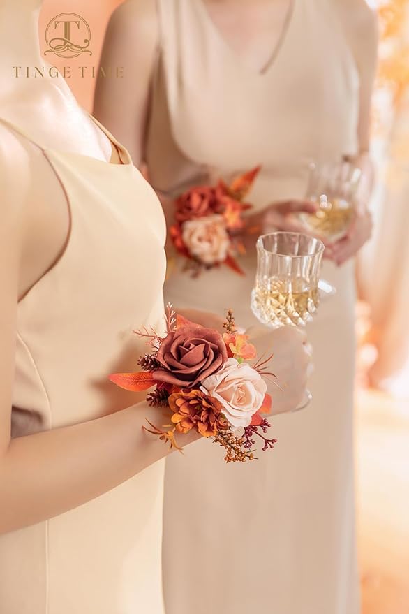 TINGE TIME Set of 2 Wrist Corsage Bracelets Pearl Wristlet Band Bridesmaid Bracelet for Wedding Ceremony Bridal Shower Wedding Artificial Flower Prom (Maple Red)