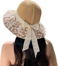 Women's Sun Shade Hat UPF 50+ - Foldable Straw Beach Cap with Lace Bow, Breathable Summer Travel Hat for Women