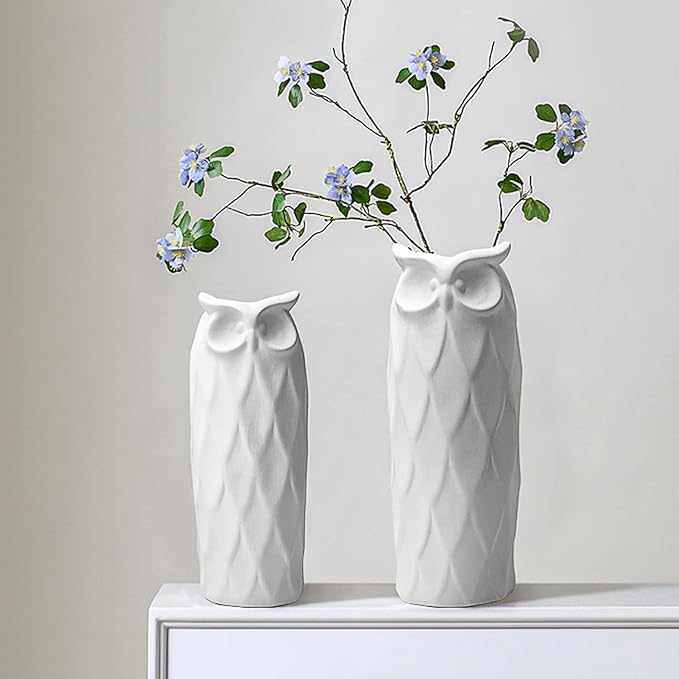 Owl Ceramic Vase Set of 2 for Living Room Bedroom 9.45'' and 8.27'' Modern White Fake Flower Plant Vases for Home Decor Office Table Shelf Fireplace Retro Rustic Farmhouse Vintage Classic Gift