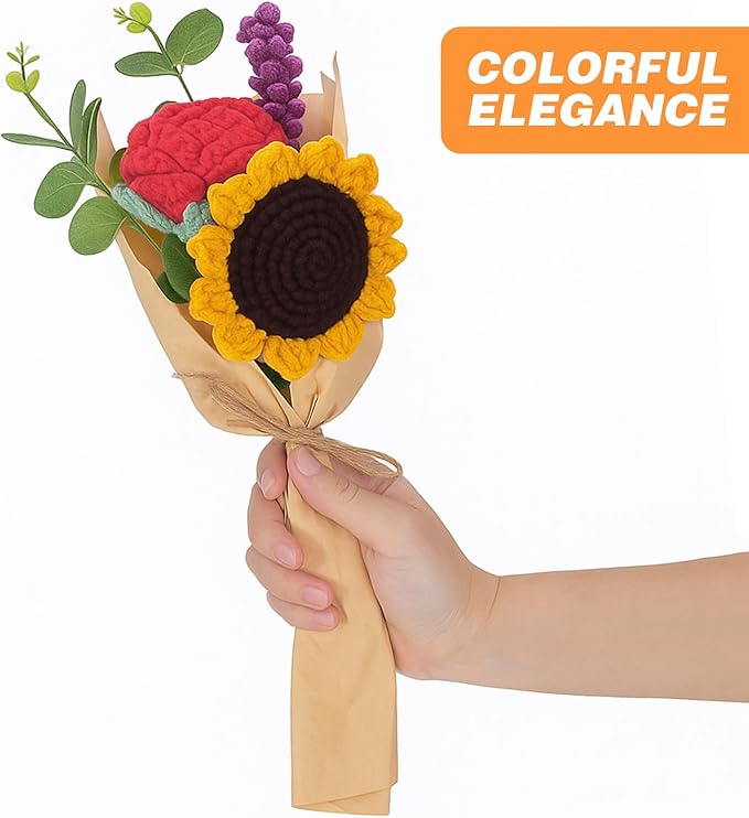 Breling Crochet Flower Bouquet Handmade Crochet Sunflowers Gift Lavender Rose Knitted Eternal Artificial Flowers for Wife Women Valentine's Day Mother's Day Birthday Wedding Anniversary