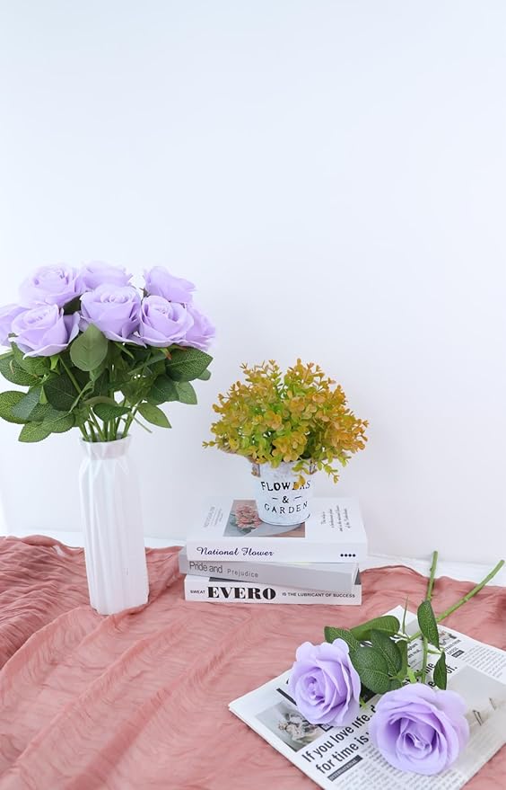 12pcs Lavender Roses Artificial Flowers Lliac Roses Purple Roses Fake Roses Flowers with Long Stems Silk Flowers for Wedding Bouquet Centerpices Decorations Party Bridal Baby Shower