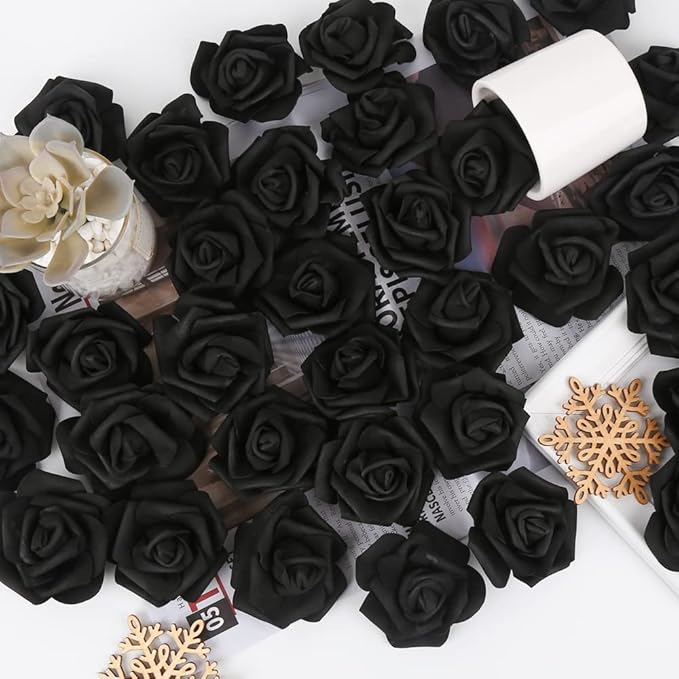 IPOPU Artificial Rose Flower Heads, 100 Pcs Real Looking Black Foam Fake Roses for DIY Wedding Baby Shower Centerpieces Arrangements Party Tables Home Decorations (Black, Stemless)