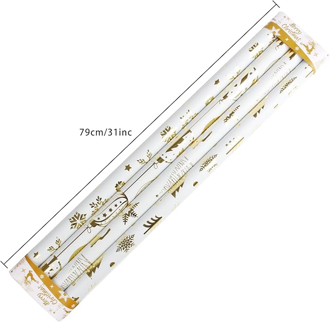 KIMOBER 4 Rolls Christmas Wrapping Paper,White Paper with Golden Metallic foil Shine Xmas Elements and Cut Lines on Reverse(30in × 144in Per Roll)