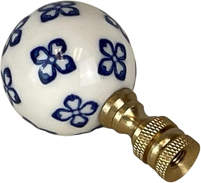 Royal Designs, Inc. White/Blue Porcelain Ball Ornament Design Finial for Lamp Shade, Polished Brass, Pack of 2