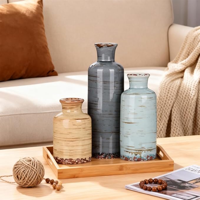 Ceramic Vase Set of 3 – Small Flower Vases, Modern Farmhouse Boho Flower Vases for Home Decor, Rustic Pottery Vases for Centerpieces, Living Room, Shelf, Fireplace, Entryway Decor, Table or Cabinet
