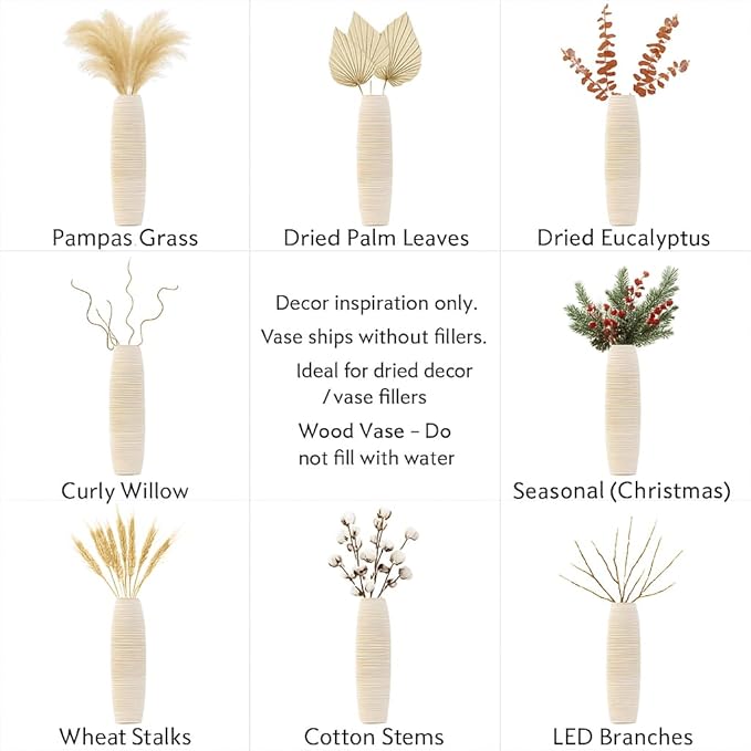 Leewadee Large White Home Decor Floor Vase - Wooden 26 inch Tall Farmhouse Decor Flower Holder for Fake Plant and Pampas Grass