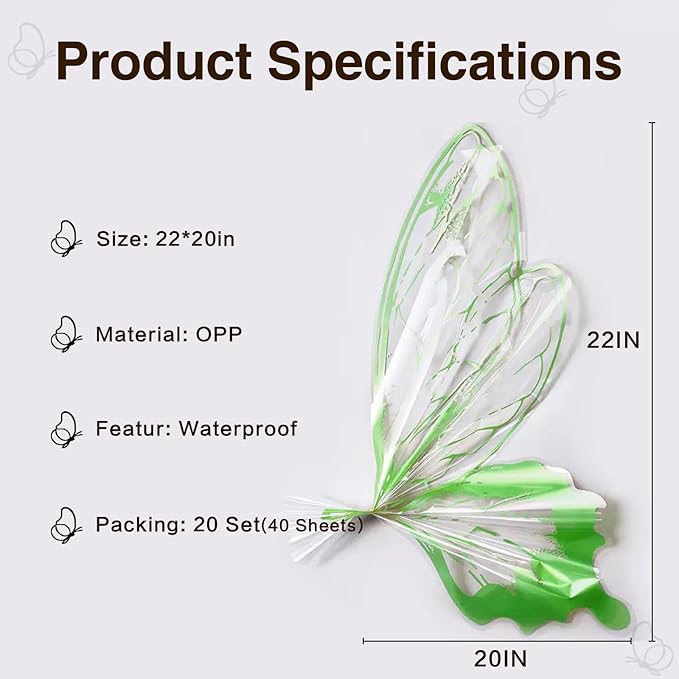 LLBWKC 20 Sets Butterfly Flower Wrapping Paper, Waterproof Butterfly Flower Bouquet Wrapping Paper, OPP Clear Floral Wraps for Florist Supplies, Gift Packaging, DIY Craft 20x22 in (Green
