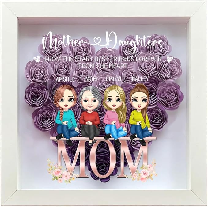 Personalized Mom Flower Shadow Box Custom Heart Shaped Rose Flower Shadow Box Frame From The Start Best Friends Forever From The Heart Mother's Day Portrait Shadowbox Memory Gifts for Mom