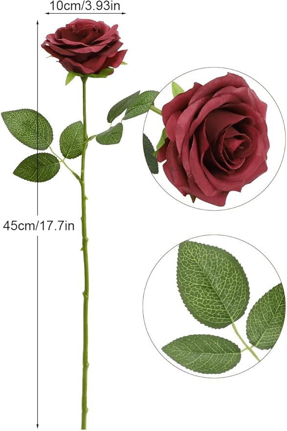 Artificial Rose Flower Burgundy Rose Flower Silk Flowers 12 pcs with Long Stem Silk Roses Bouquet for Wedding Bridal Shower Party Home Decoration