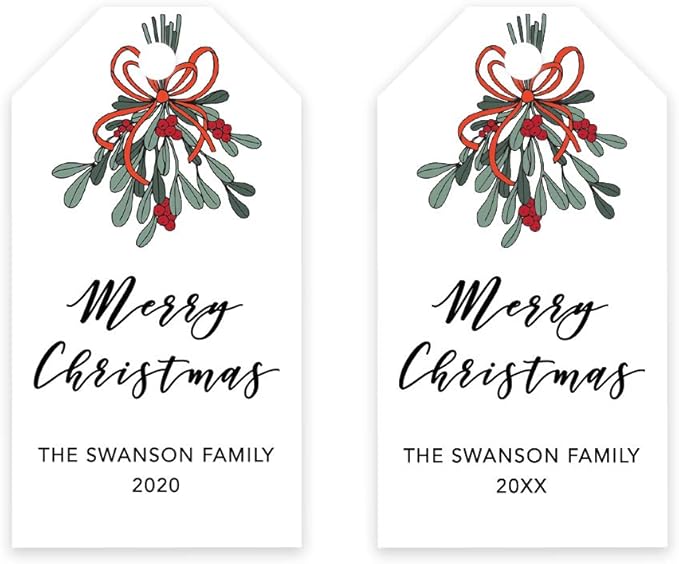 Andaz Press Personalized Christmas Holiday Season Classic Gift Tags, Merry Christmas Custom Family Name and Year, Mistletoe Design, for Holiday Events, Parties, and Favors, 60-Pack