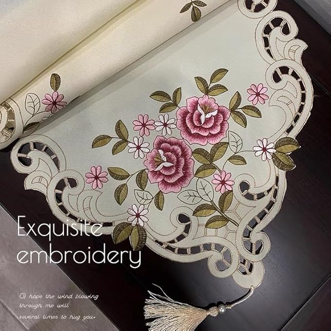 Embroidered Table Runner with Rose Pattern, Cutwork Design, 16x79 inches