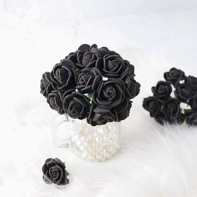 Efavormart 48 Roses | 4" Tall Black Real Touch Artificial DIY Foam Rose Flowers with Stem, Craft Rose Buds