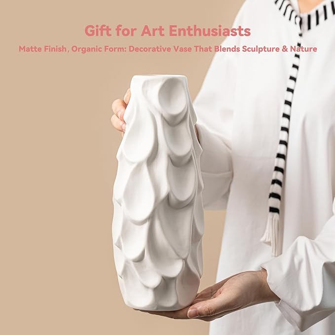 Scalloped Scale Vase - White Matte Ceramic with Textured Sculptural Design, 10.5" Unique Flower Vase for Pampas Grass/Centerpieces,Decorative Boho Vase for Living Room/Office,Ideal Gift for Art Lovers