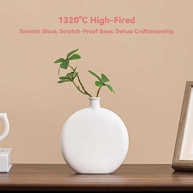 White Ceramic Flat Vase - 6.2" Unique Flower Vase for Pampas Grass & Centerpieces, Decorative Boho/Farmhouse Vase for Living Room, Office Desk & Housewarming Gift (for Her/Yourself)