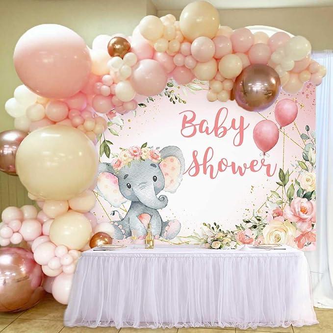 Elephant Baby Shower Backdrop for Girl Blush Pink Floral It's A Girl Baby Shower Party Decoration Photography Background A Sweet Little Peanut Banner Photoshoot Supplies 7x5ft