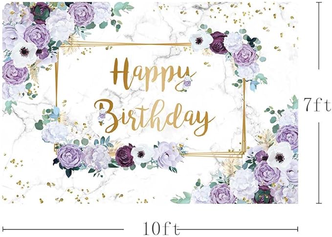 MEHOFOND 10x7ft Happy Birthday Backdrop Purple and White Flowers Bday Photography Background Girls Geometric Gold Glitter Dots Birthday Floral Party Decorations Cake Smash Decor Studio Photo Props