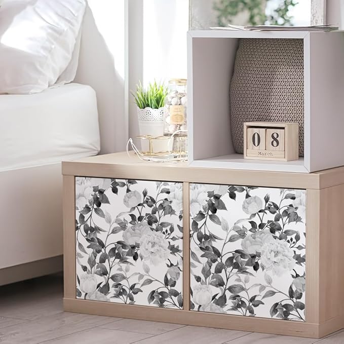 Floral Wallpaper Peel and Stick Black and White Wallpaper Self Adhesive Removable Vinyl Flower Contact Paper for Decorative Bedroom Home Wall (17.7"x118.1")