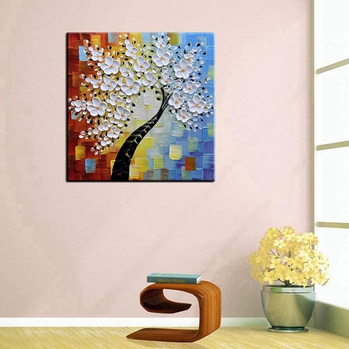 YaSheng Art - hand-painted Oil Painting On Canvas white Flowers Paintings Modern Home Interior Decor Wall Art for living room Abstract Art picture Ready to hang 24x24inch