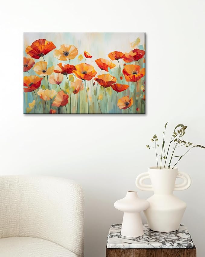 GLOKAKA Vibrant Poppies Wall Art Floral Red and Orange Watercolor Poppy Flower Painting Print Canvas Artwork For Living Room Bathroom Dinning Room Decor (Vibrant Poppies, 30"x20")