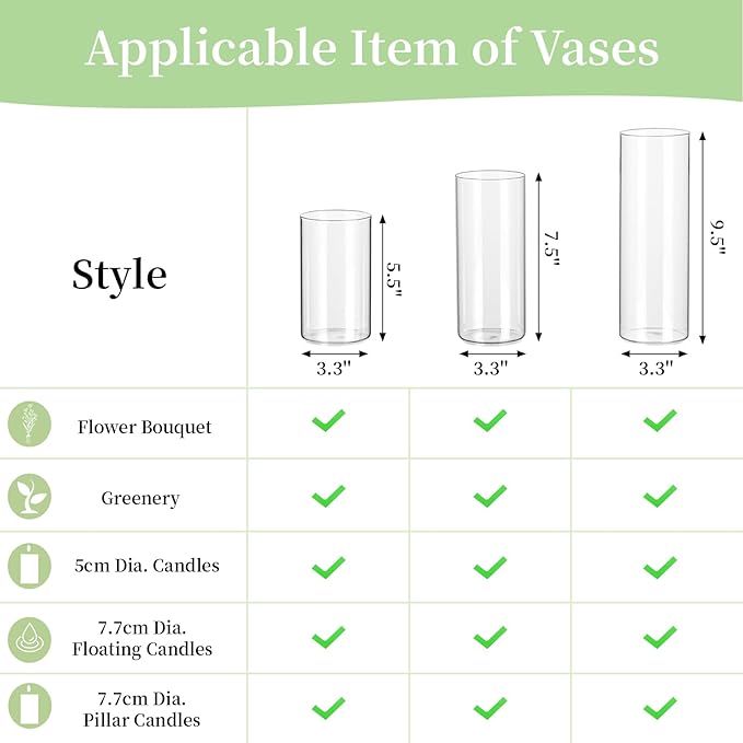 Glasseam Clear Cylinder Vases Set, 24Pcs Glass Vases for Centerpieces Bulk, Modern Floating Candle Holder for Decor, Hurricane Candle Holders for Wedding Table Decor (5.5"/7.5"/9.5")