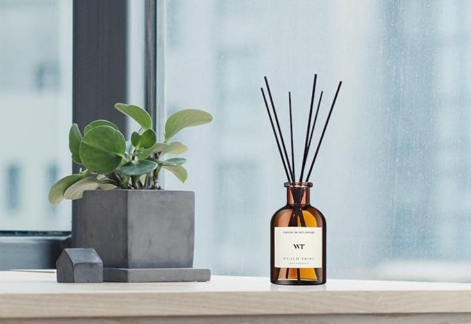 WEALD TRIBE Reed Diffuser Set for Bathroom Air Fresheners, Oil Diffuser Sticks with Flower | Eucalyptus & Mint Scent 4.0 fl oz Home Fragrance with Sticks Defusers | House Bedroom Office Shelf Decor