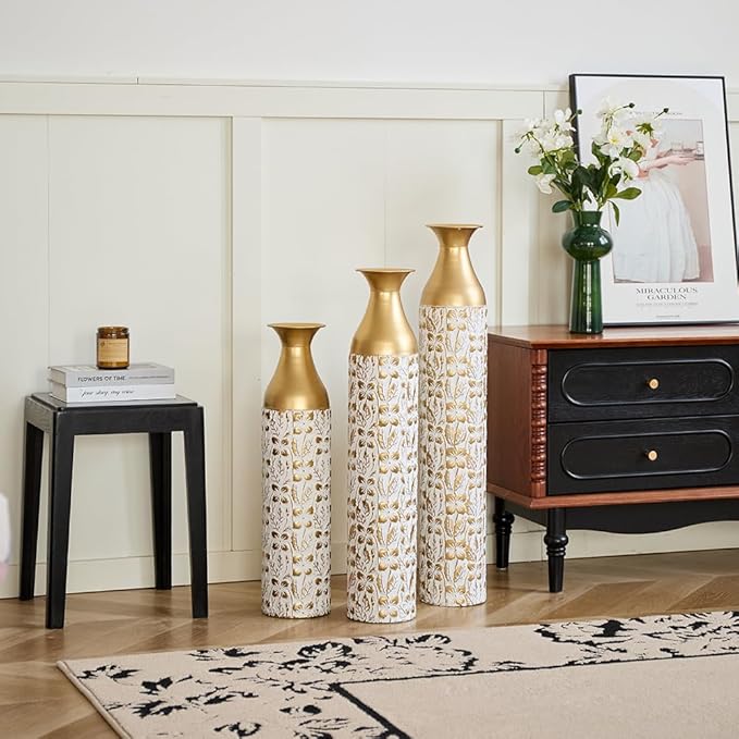 Floor Oversized Gold Metal Decorative Vase with 3D Triangle Pattern Set of 3 Large Vases for Home Living Room 33.5 ", 29.5 ", 25.2" High (Matt White+Gold)