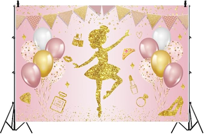 Renaiss 7x5ft Ballerina Princess Backdrop Pink Gold Shiny Elegant Fairy Ballet Dancer Photography Background for Girl Baby Shower Birthday Party Decor Banner Photo Studio Props
