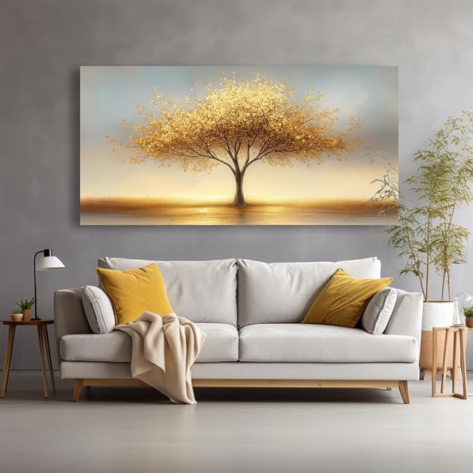 LAVIKARS Modern Tree of Life Wall Art for Living Room Office Golden Sunset Abstract Landscape Canvas Painting Prints Large Nature Artwork Home Kitchen Bedroom Decor (23x46 Inches)