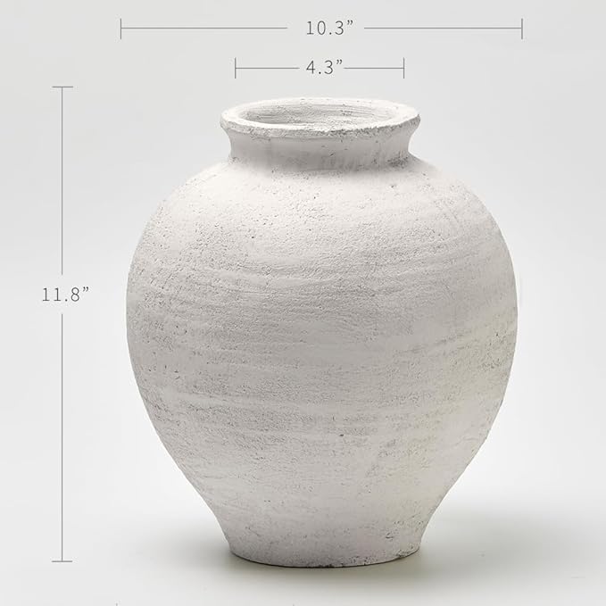 LB2 White Ceramic Large Vase, 11.8" Tall Zen Style vase, Terra Cotta Pitcher Vase, Distressed Farmhouse Decor, Pottery Decorative Flower for Home Decor (C - White 11.8")