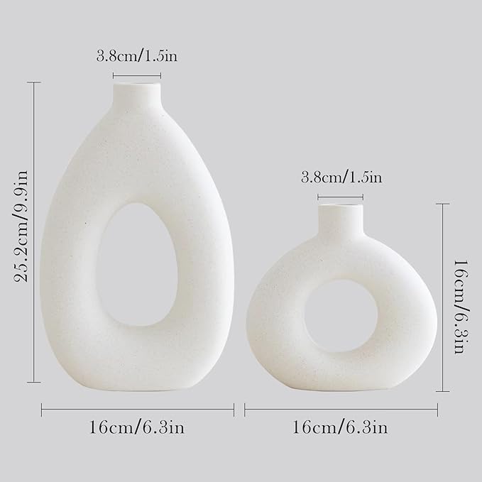 White Ceramic Vase Set of 2 for Modern Home Decor, Round Matte Donut Vases for Pampas Grass, Boho Nordic Minimalism Style Modern Flower Vases for Living Room Table Bookshelf Office Bedroom