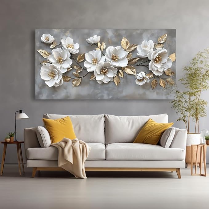 LAVIKARS Modern Gray Flowers Wall Art for Living Room Office White and Golden Floral Landscape Canvas Painting Prints Large Delicate Petals Artwork Kitchen Home Bedroom Decor (20x40 Inches)