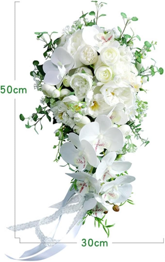 Wedding Cascading Bridal Bouquet, White Phalaenopsis Water Drop Waterfall Bridal Bouquet Artificial Flowers Roses Bride Bouquet for Wedding Party Bridal Shower Church Home Decoration