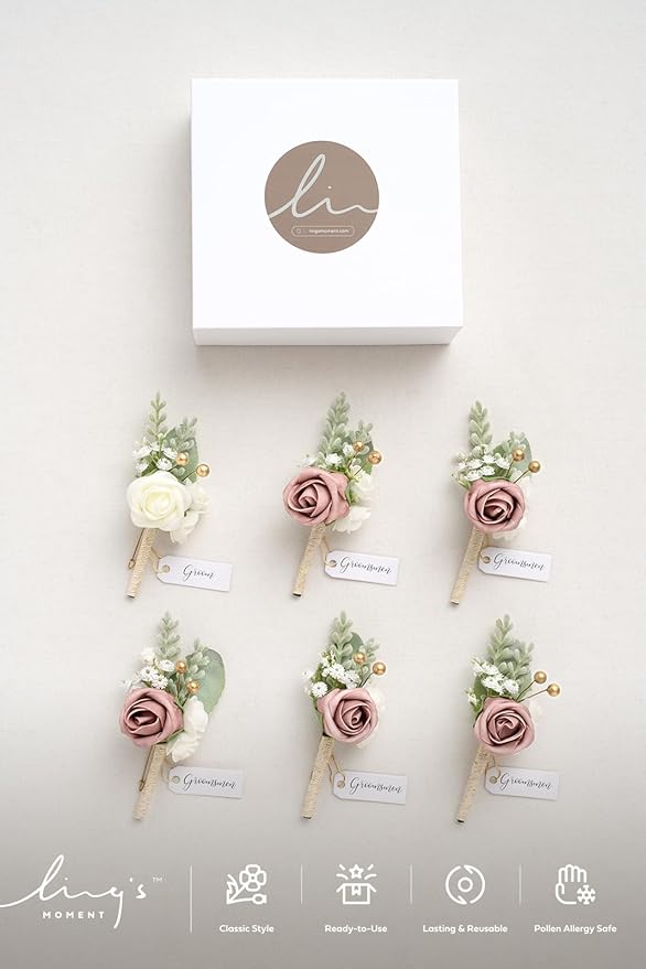 Ling's moment Boutonniere for Men, 6pcs Groom Groomsmen Boutonniere, Artificial Flowers for Wedding Decor/Prom/Homecoming, etc.Pink Dusty Rose