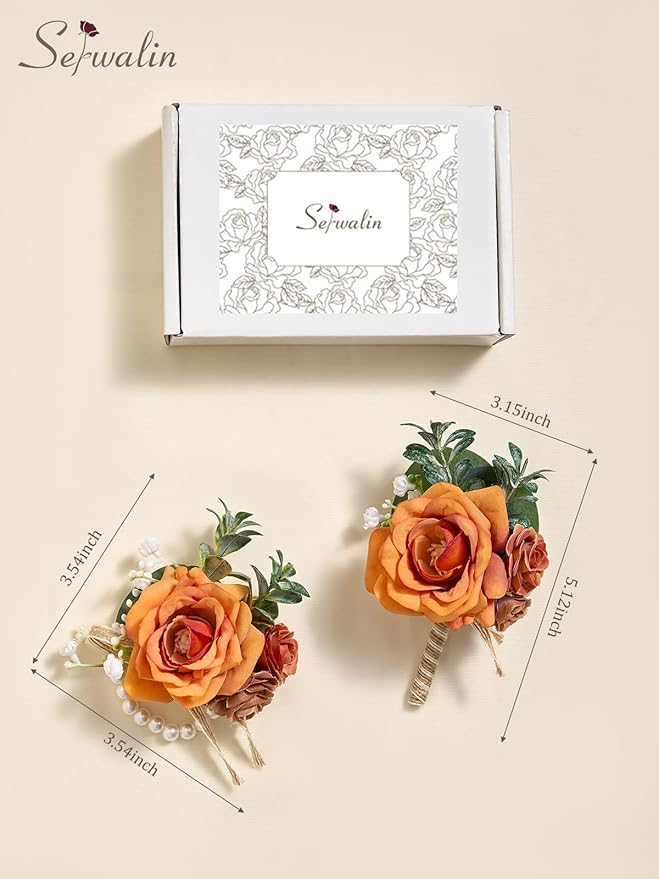 Serwalin Orange Corsage and Boutonniere Set, Boutonniere and Wrist Corsage Wristlet Prom Homecoming Wedding Flowers Accessories Prom Suit Decorations (Orange)