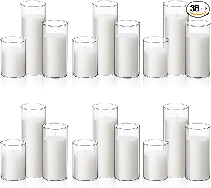 Shihanee 36 Pcs Pillar Candles with Glass Cylinder Vases Tall Hurricane Candle Holders Cylinder Vases for Centerpieces Wedding Party Decor, Total 18 Sets(Clear,White)