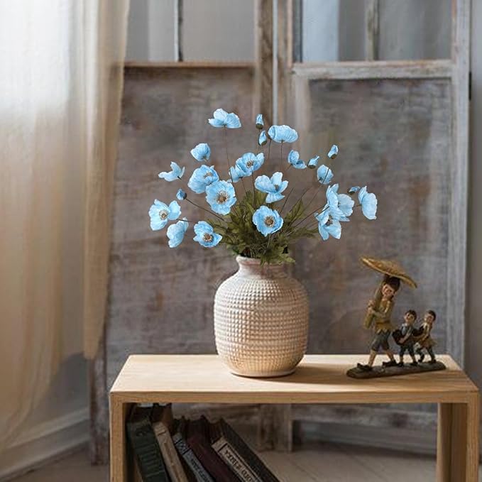 IPOPU Sky Blue Artificial Poppy 6pcs Light Blue Fake Poppies Baby Blue Silk Flowers for Baby Shower Centerpieces Bridal Shower Party Decorations (Sky Blue)