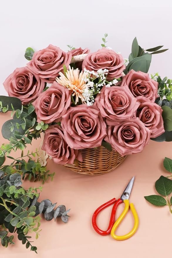 Artificial Rose Flower Dusty Rose Flowers Silk Flowers 12 pcs with Long Stem Silk Roses Bouquet for Wedding Bridal Shower Party Home Decoration