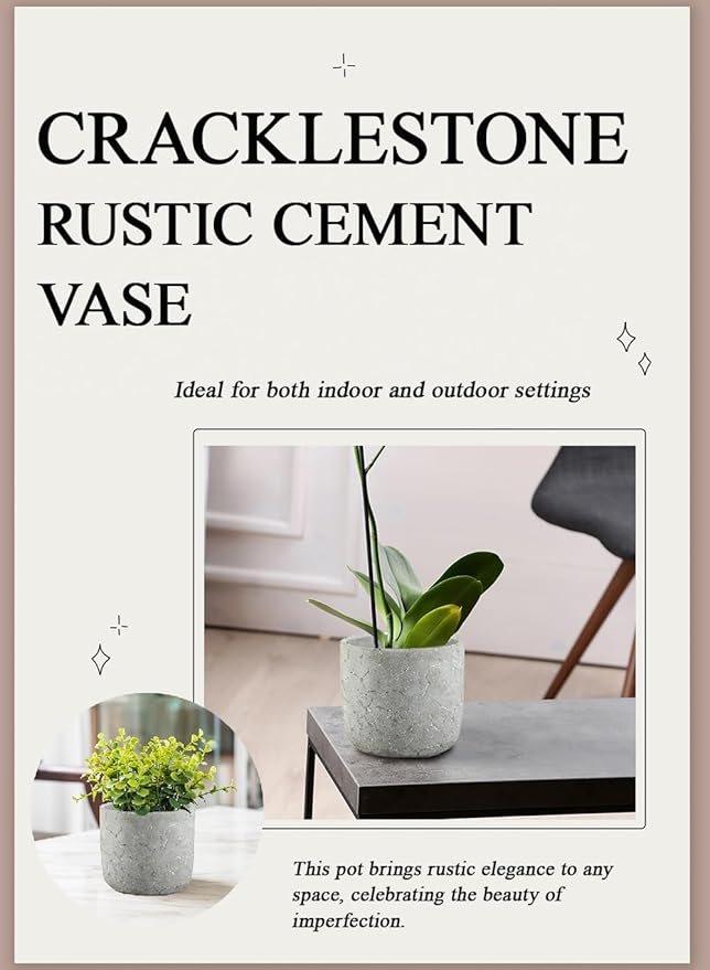 Serene Spaces Living CrackleStone Rustic Cement Vase, Decorative Planter with Cracked Texture, Perfect for Succulents, Small Plants, or Floral Arrangements, 7" Diameter & 6" Tall