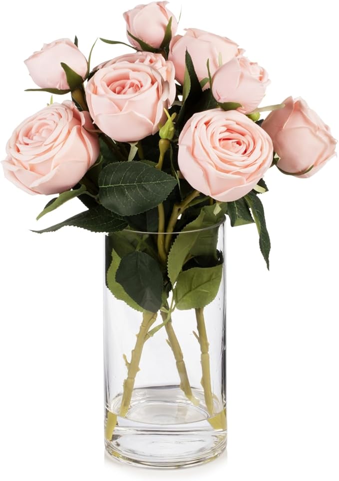 ENOVA FLORAL 9 Heads Silk Rose Artificial Flowers in Vase,Faux Rose Flowers Arrangement in Vase with Faux Water for Table Decor Centerpieces (Light Pink)