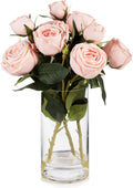 ENOVA FLORAL 9 Heads Silk Rose Artificial Flowers in Vase,Faux Rose Flowers Arrangement in Vase with Faux Water for Table Decor Centerpieces (Light Pink)