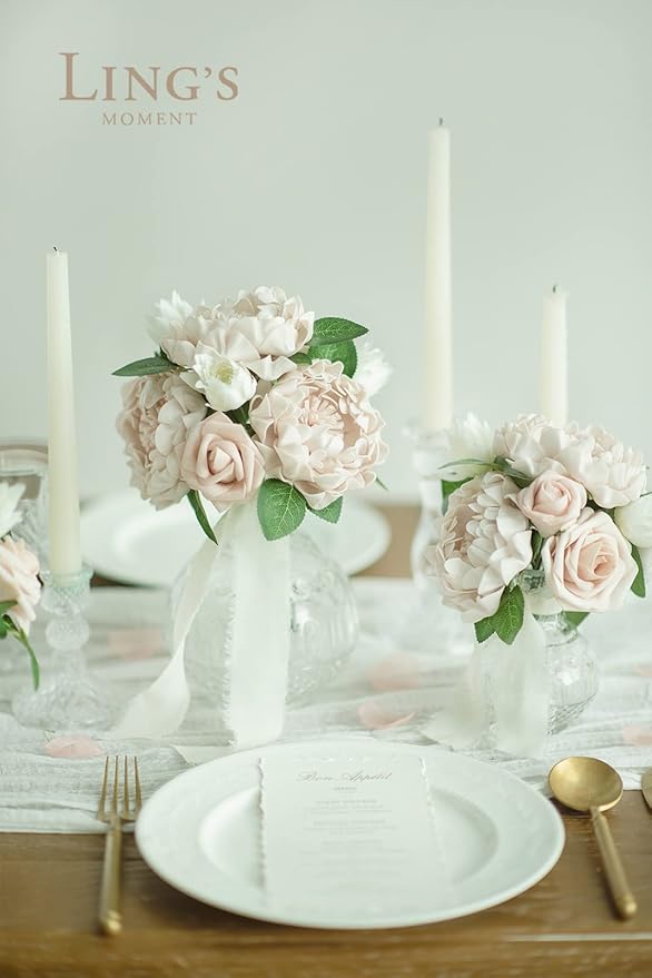 Ling's moment Flowers 16pcs Nude Blooming Peonies Artificial Flowers with Stem, Artificial Peony Flowers for DIY Wedding Decorations Centerpieces Bouquets Boutonnieres
