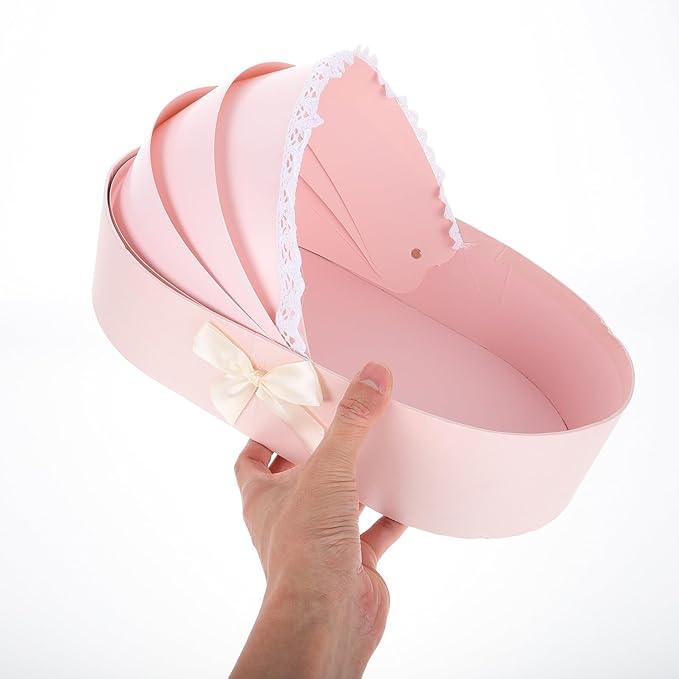 KOMBIUDA Valentine Day Bouquet Packaging Box Pink Floral Cradle Shape Box Half-open Design for Flower Arrangements Shower Anniversary Wedding