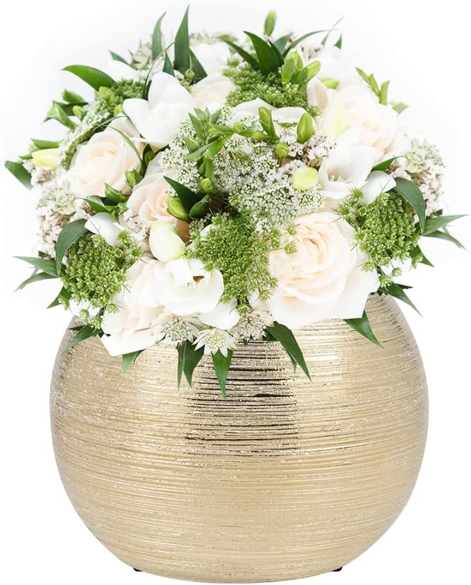 Gold Ceramic Flower Vase Home Decor Vase Centerpieces Vases Metallic Round Bowl Vases for Living Room,Bedroom,Kitchen,Countertop (Gold), Dia 7'' (21005-GD)