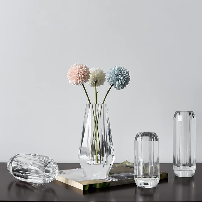 kitCom Modern Crystal Vase, 7 x 4 Inches, Transparent, Oval, Love, Glossy Finish, Arranges Flowers, Handmade, Multi-faceted, Secure Packaging, Half-Year Warranty, Luxury Gift