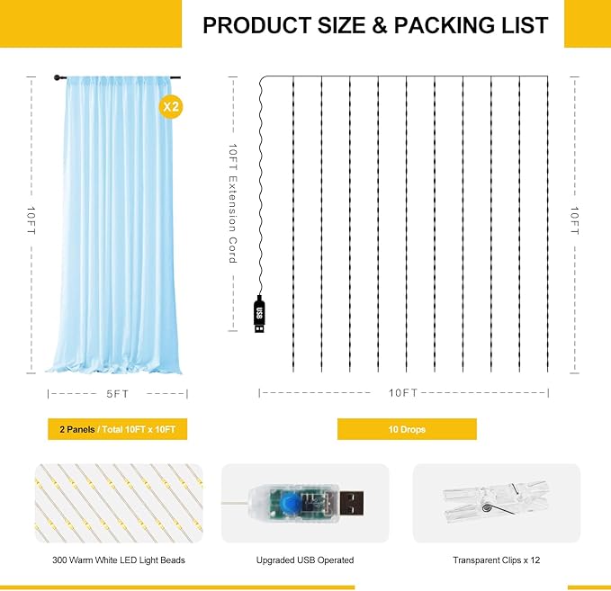 Tulle Curtain Backdrop with 300 LED Fairy Lights for Parites Wrinkle-Free Sheer Curtain Drapes Photo Back Drop for Wedding Baby Shower Bridal Shower Birthday Home Décor - 10ft×10ft, Baby Blue