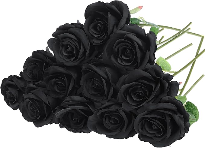 Felice Arts 12 Pack Black Roses Artificial Silk Flowers, Realistic Fake Roses Bouquet with Short Bendable Stems for Home Kitchen Vase Arrangements Wedding Centerpiece Halloween Party DIY Decor