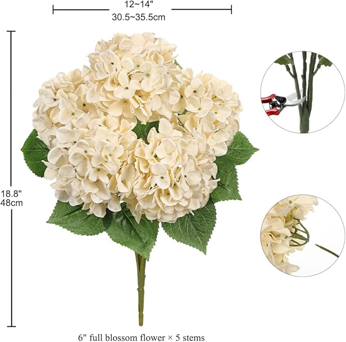 Hollyone Beige Hydrangea Artificial Flowers Large Artificial Hydrangeas Silk Flowers for Home Decor Indoor Wedding Flowers Bouquets Faux Flowers Kitchen Centerpiece Table Decorations