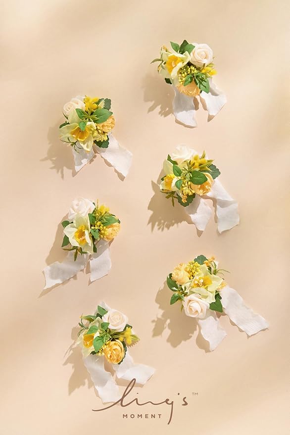 Ling's moment 6pcs Wedding Wrist Corsage Artificial Flowers, Girl/Mother Homecoming Prom Corsages Wristlet Décor, etc. Yellow Blush
