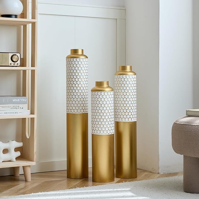 Floor Oversized Gold Metal Decorative Vase with 3D Triangle Pattern Set of 3 Large Vases for Home Living Room 33.5 ", 29.5 ", 25.2" High (Gold+White)